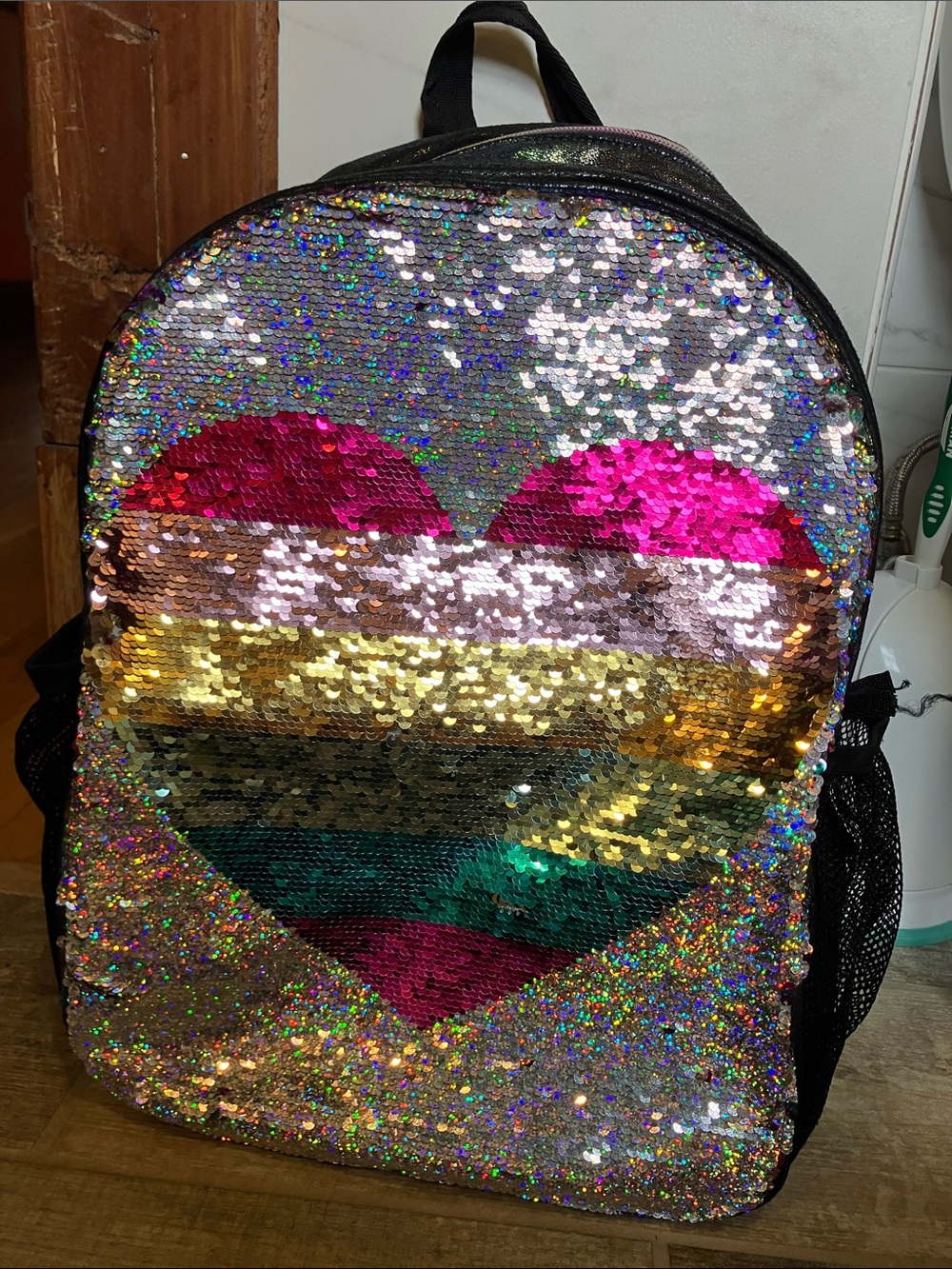 The Children's Place Full Size  Silver Flip Sequin Backpack with Rainbow Heart